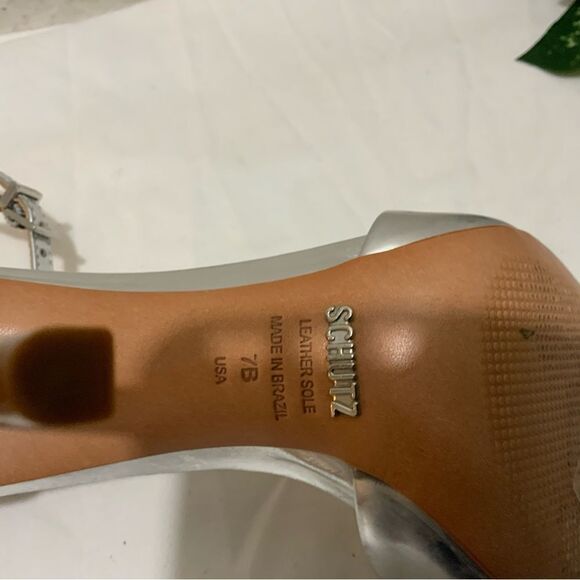 Schutz Saasha Lee Metallic Leather Open Toe Ankle Strap Heels Silver Size 7 - Picture 10 of 16